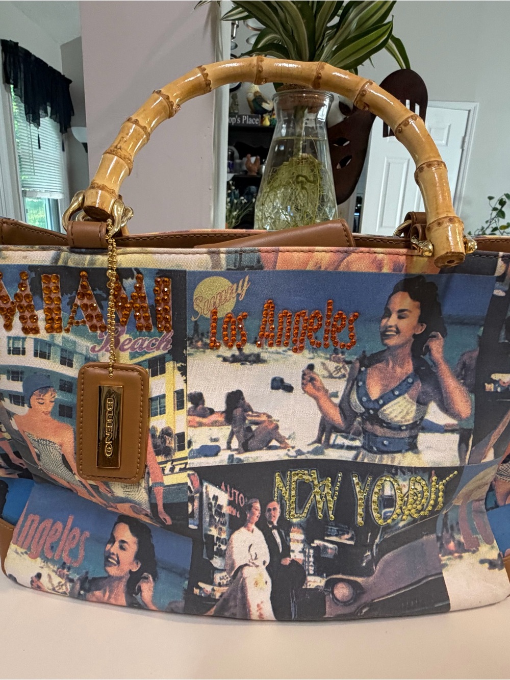 Bueno Multicolor Postcard Tote with Bamboo Handles